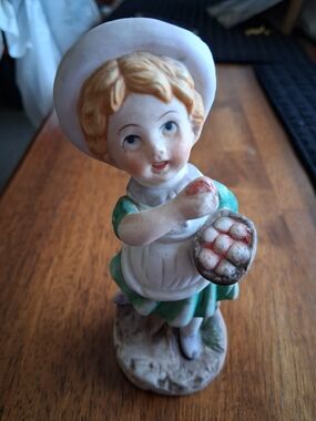 Green and White Porcelain Figurine - Girl with Basket